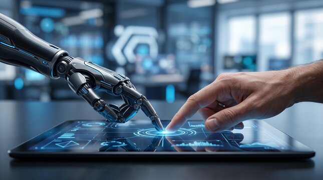 Human and robotic hands touching a digital tablet interface displaying glowing HUD charts in a high-tech control room environment.