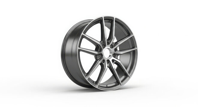 Modern dark grey aluminum alloy car wheel rim featuring a sleek multi spoke design isolated on a clean white studio background