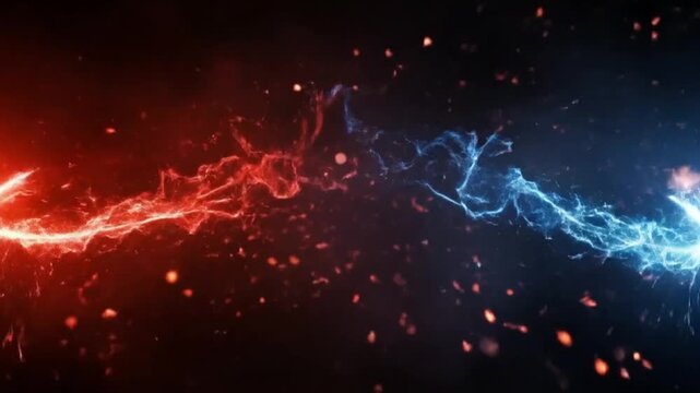 Red and blue energy beams colliding with sparks and lightning effect on dark background