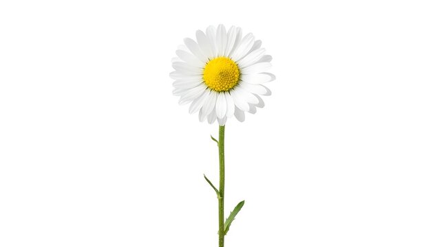 Fresh white daisy with yellow center growing upright on green stem against clean white background