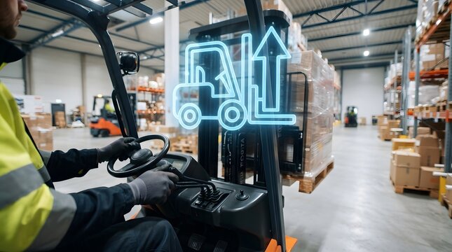 Warehouse worker operating a forklift with a digital neon icon overlay representing smart logistics and storage technology in a distribution center.