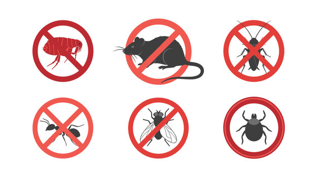 Pest control icon vector set featuring prohibition signs for rodent flea cockroach ant housefly and tick insects