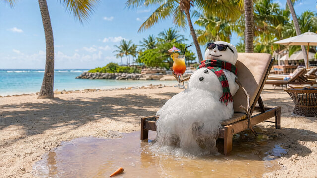 A whimsical snowman lounges on a tropical beach, wearing sunglasses and a scarf, enjoying a cocktail under palm trees. Image made using Generative AI.