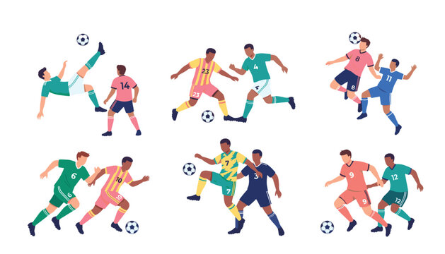 Soccer players action vector illustration set featuring diverse football athletes dribbling kicking passing and heading ball in match