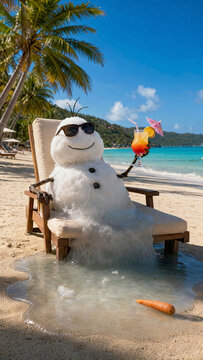 Snowman relaxing on a tropical beach, sipping a cocktail while lounging in a chair under palm trees. The snowman is partially melted, adding whimsy to the scene. Image made using Generative AI.