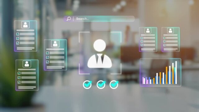 Automated resume screening and candidate evaluation using AI. AI recruitment system for smart hiring, human resources management technology and automation in 