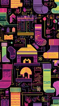 Abstract neon geometric christmas stocking and fireplace circuit pattern overlay background for modern tech holiday themes