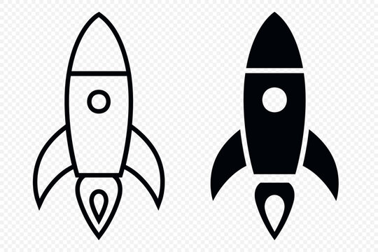 Rocket Icon Set, Vector Illustration. Black Silhouette and Outline Space Rockets. Startup Launch Symbol, Spacecraft, Spaceship. Business Growth, Innovation, Project Launch, Technology Concept