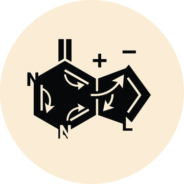Organic chemistry resonance structure diagram flat round sticker icon featuring molecular electron pushing arrows chemical bonds and ionic charges