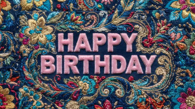 Happy birthday text design with colorful floral pattern background and decorative frame elements