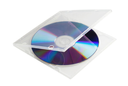 Iridescent compact disc inside a transparent jewel case