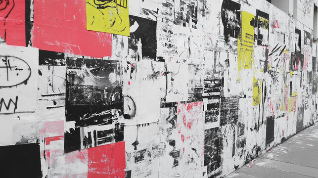 Urban Wheatpaste Poster Wall With Distressed Black White Red and Yellow Layers