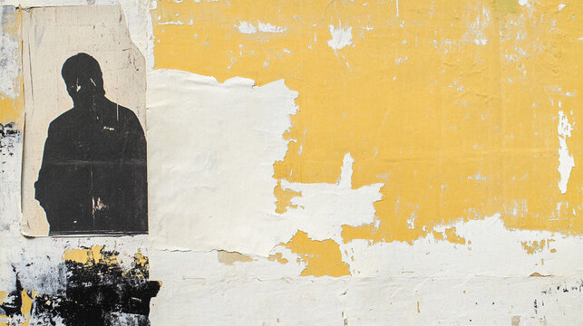 Distressed Yellow Wheatpaste Wall With Black Human Silhouette and Torn Paper