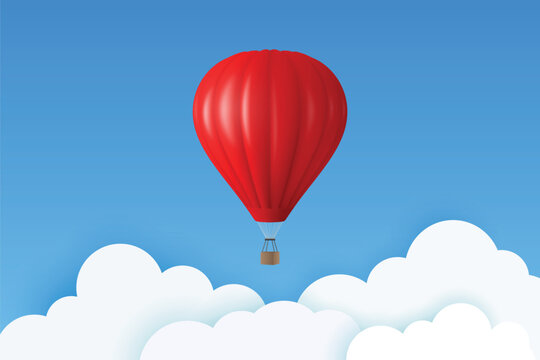 Vector Travel Banner with 3d Realistic Red Hot Air Balloon Icon on a Blue Sky Background. Design Template, Summer Vacation, Travelling, Tourism and Journey Concept