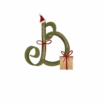 Decorative Christmas alphabet letter with festive winter elements in a hand drawn textured style. Holiday initial and monogram illustration for gift tags, greeting cards, stationery, scrapbooking and 