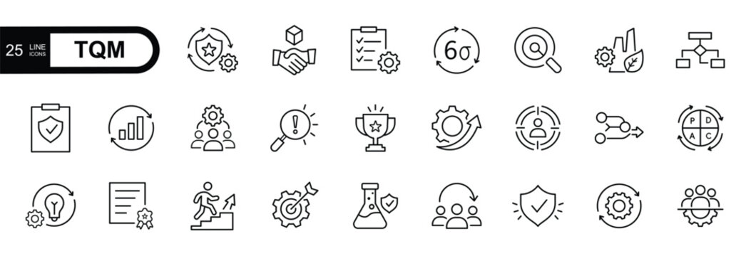 Total Quality Management (TQM) Line Icon Set &mdash; Quality Control, Process, Teamwork & Business Management Concepts.