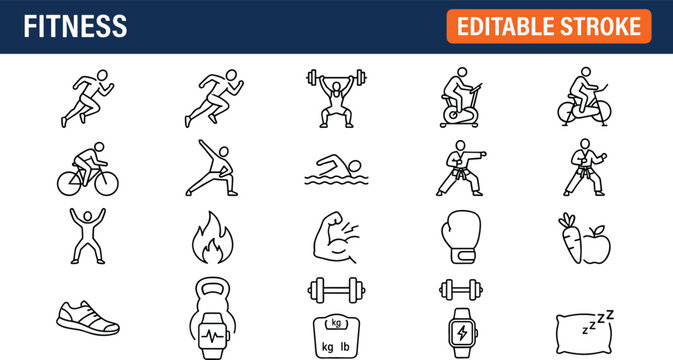Fitness and gym exercise editable stroke line icon collection featuring running cycling weightlifting martial arts and workout gear