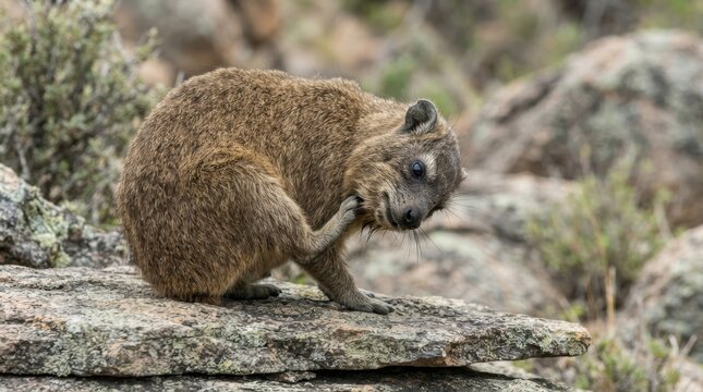 Rock Hyrax Scratching Itch: A fuzzy rock hyrax sits on a boulder in its natural habitat, scratching an itch with its paw.