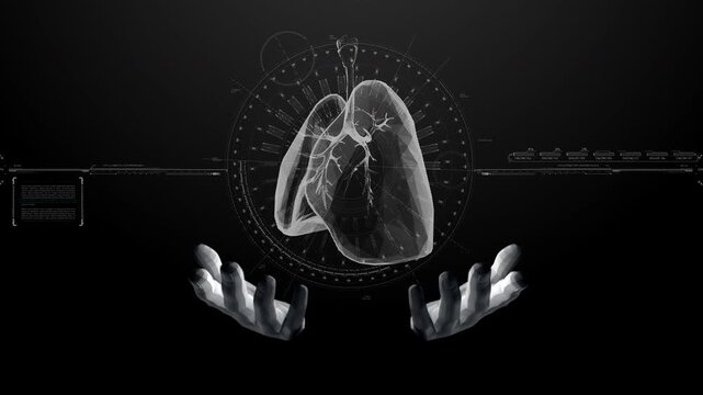 HUD animation video footage featuring a holographic 3D scan image hovering above a palm, conveying a futuristic, high-tech feel associated with data transmission.