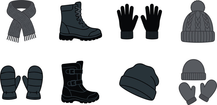 Winter clothes vector icon set with warm seasonal accessories including knitted scarf boots gloves mittens beanie hats for cold weather fashion