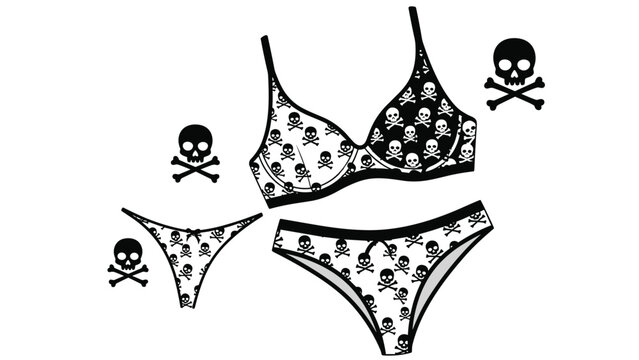 Stylish two piece lingerie set with a bold black and white skull and crossbones print pattern and large icons.