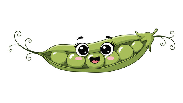 Cute green pea pod cartoon character with many happy peas smiling inside and delicate vines on the ends for children.