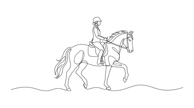 Equestrian horse riding vector illustration in black and white outline with horseback riding