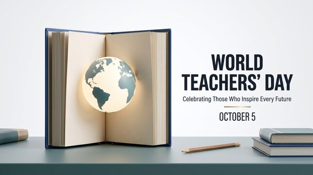 World teachers day celebration poster with globe and open book