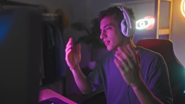 Young man with headset biting donut while holding mouse at computer desk in neon studio; relaxed concentration.