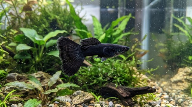 Elegant Black Guppy Fish Swimming in a Lush Aquarium with Green Plants and Gravel