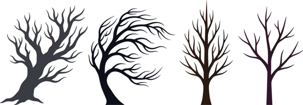 Vector silhouettes of dead winter trees with leafless branches spooky trunks and strong windblown curves