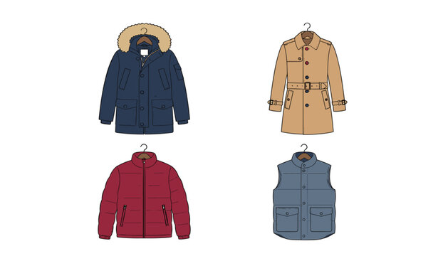 Winter outerwear jackets vector set featuring parka trench coat puffer jacket and gilet vest hanging on hangers icons