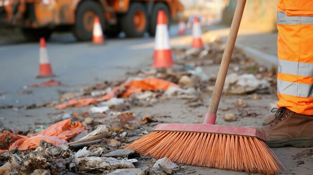 Construction site cleanup in progress with a broom and safety cones, highlighting road maintenance and worker safety