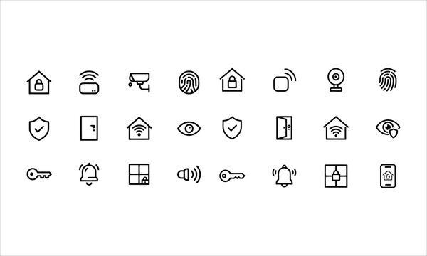 Set of line icons related to home security, house protection, smart house. Outline icon collection. Vector illustration