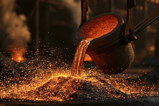 Molten Metal Pouring Sparks Fly in Industrial Foundry Manufacturing Process