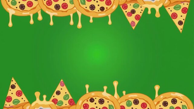 Animated pizza pattern with melting cheese, cartoon style, green background