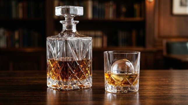 Crystal Decanter and Glass of Whiskey with Ice Sphere in Library
