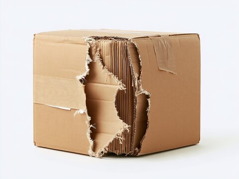 Damaged cardboard shipping box with torn open side, highlighting contents and packaging failure