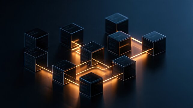 Abstract digital network of interconnected dark cubes with glowing orange lines on a dark background, representing blockchain technology and data flow.