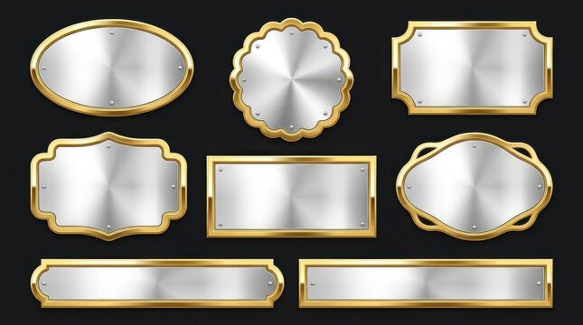 Brushed silver metal plaques with ornate gold borders on dark surface.