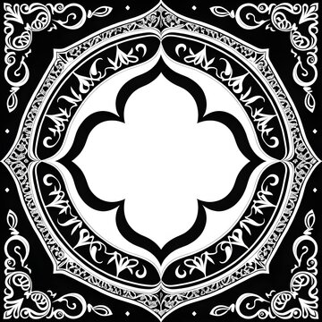 Luxury black and white Islamic frame, intricate arabesque ornaments surrounding the outer border, elegant pointed arch shape framing a completely blank white center, symmetrical premium design, no tex