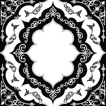 Luxury black and white Islamic frame, intricate arabesque ornaments surrounding the outer border, elegant pointed arch shape framing a completely blank white center, symmetrical premium design