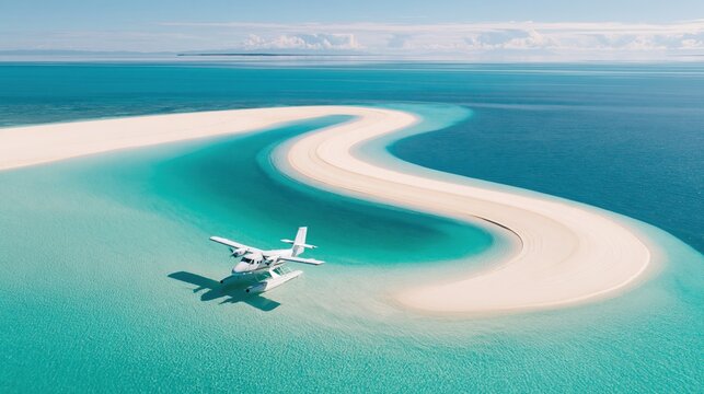 Aerial view of a seaplane landing on a turquoise tropical lagoon beside a curved sandbar