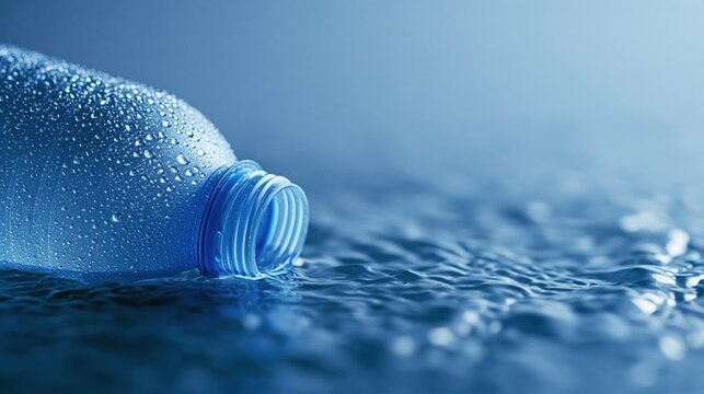 Close-up of a clear plastic water bottle with condensation, lying on its side in rippling clear water