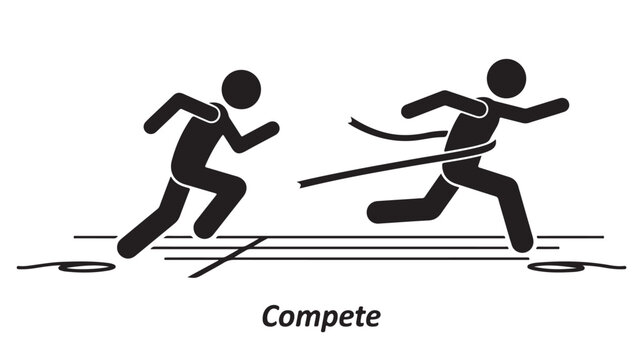 Stick figure runners competing in a race reaching the finish line tape drawn in a simple bold black vector style