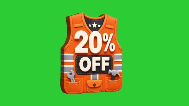 3D Labor Day 20% Off Safety Vest Sale Badge Animation on Green Screen