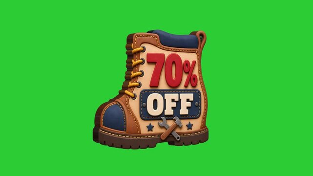 3D Labor Day 70% Off Work Boot Sale Badge Animation on Green Screen