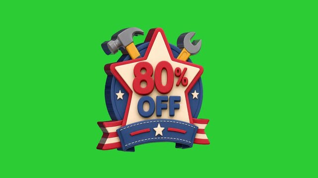 3D Labor Day 80% Off Sale Badge Animation with Worker Tools on Green Screen