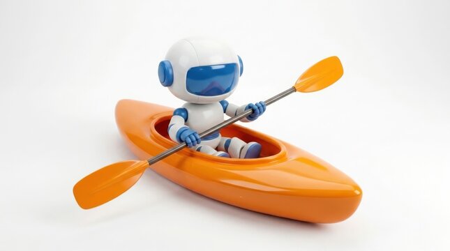 Cute white robot sitting inside orange kayak holding long orange paddle set.