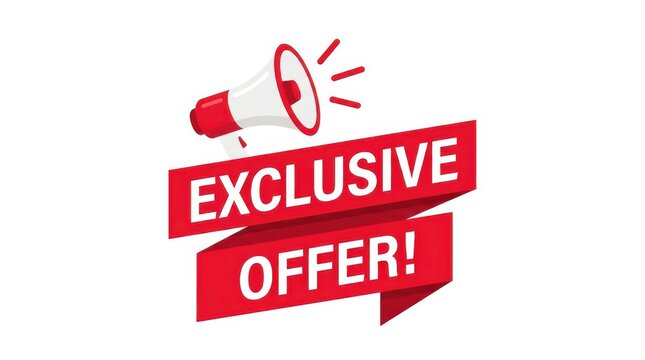 Red megaphone with exclusive offer banner for marketing promotions.
